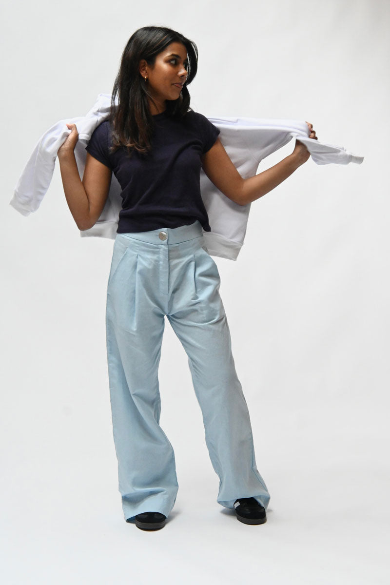 Stella Claire's new linen pants in blue, offering comfort and style made locally in New Zealand