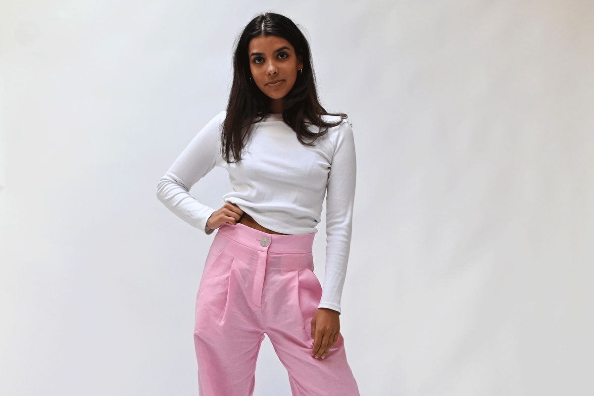 Stella Claire's new linen pants in hot pink, offering comfort and style made locally in New Zealand